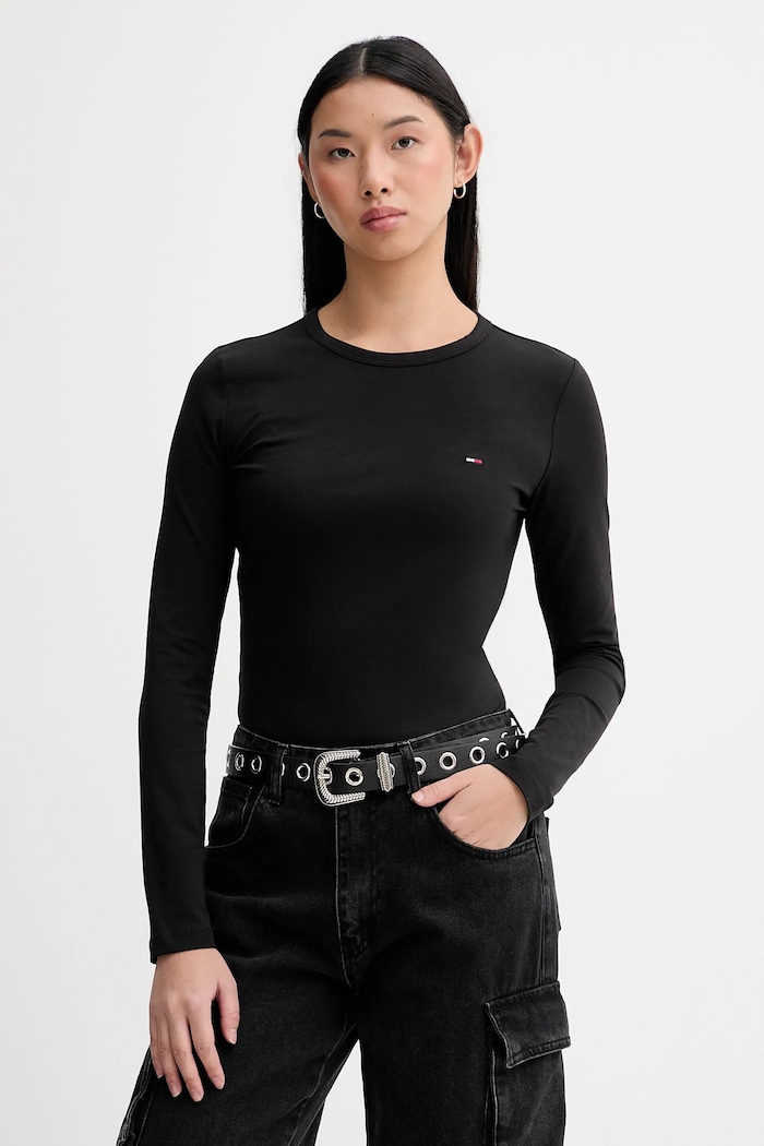 Tričko s dlhým rukávom Tommy Jeans jednofarebný čierna DW0DW19994