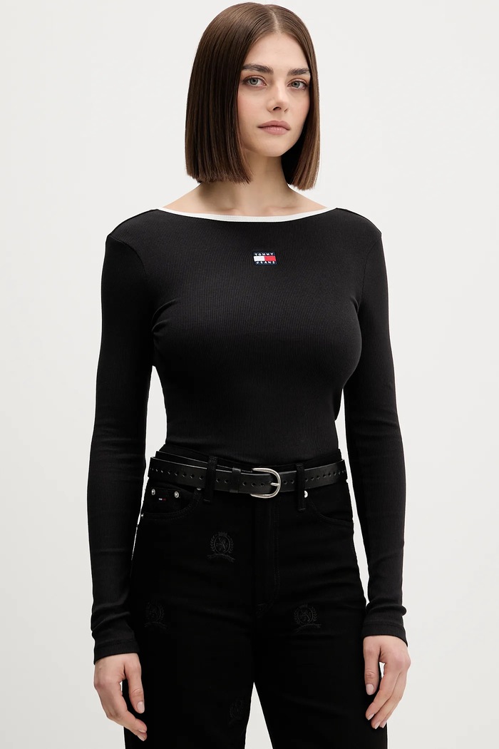 Tričko s dlouhým rukávem Tommy Jeans slim černá DW0DW21839