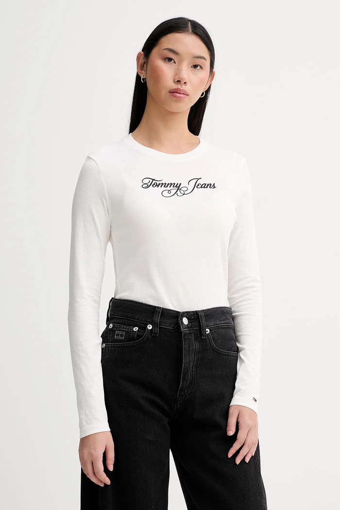 Bavlněné tričko s dlouhým rukávem Tommy Jeans potisk bílá DW0DW21844