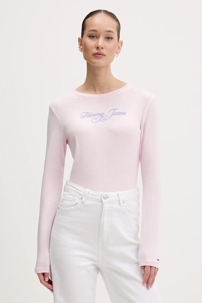 Bavlnené tričko s dlhým rukávom Tommy Jeans potlač ružová DW0DW21844