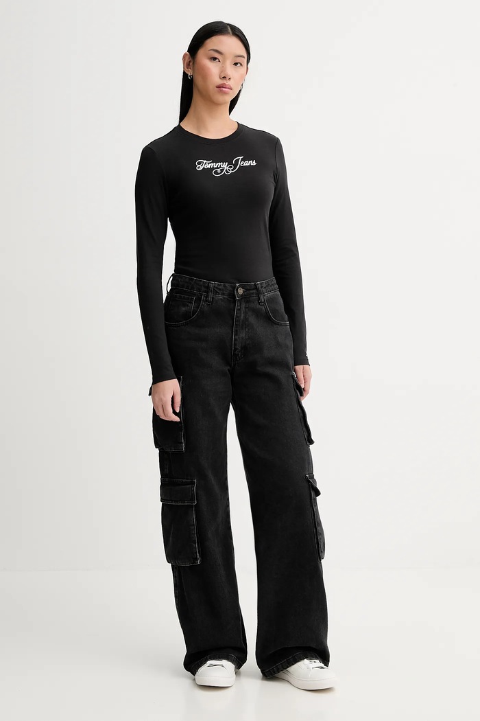 Bavlnené tričko s dlhým rukávom Tommy Jeans DW0DW21844 čierna SS26