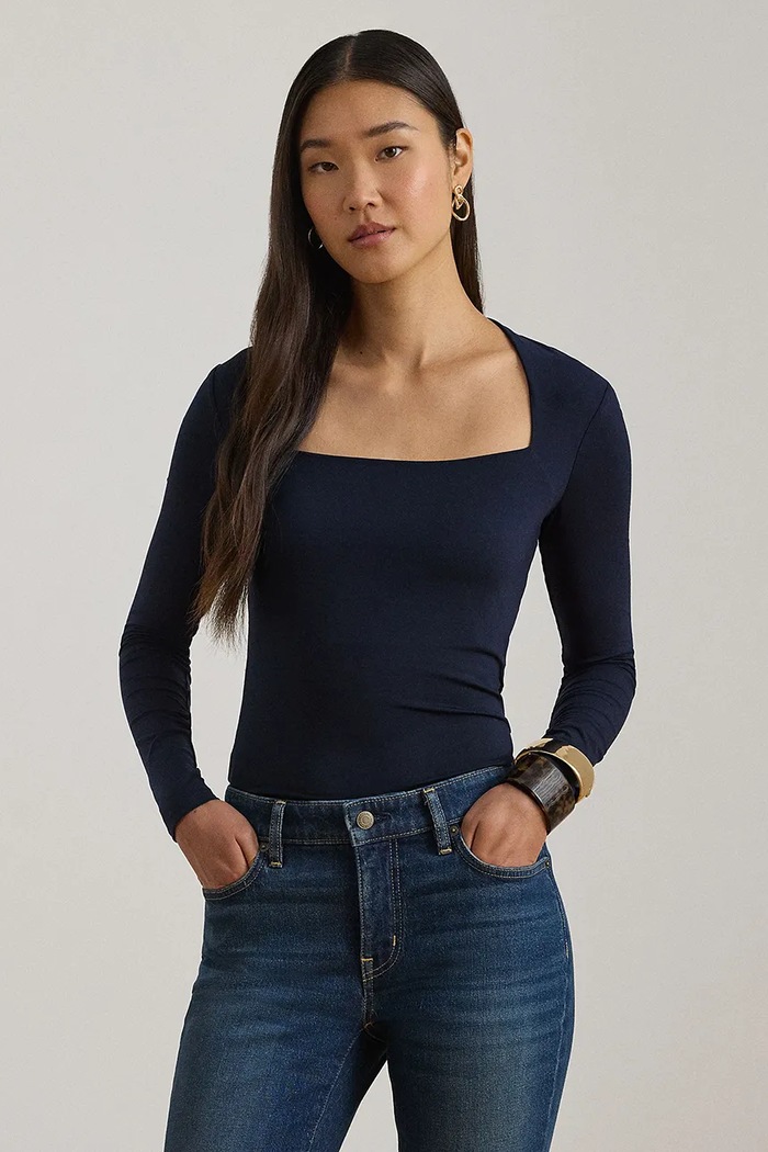 Блуза с дълги ръкави Lauren Ralph Lauren вталена тъмносин 200P03712