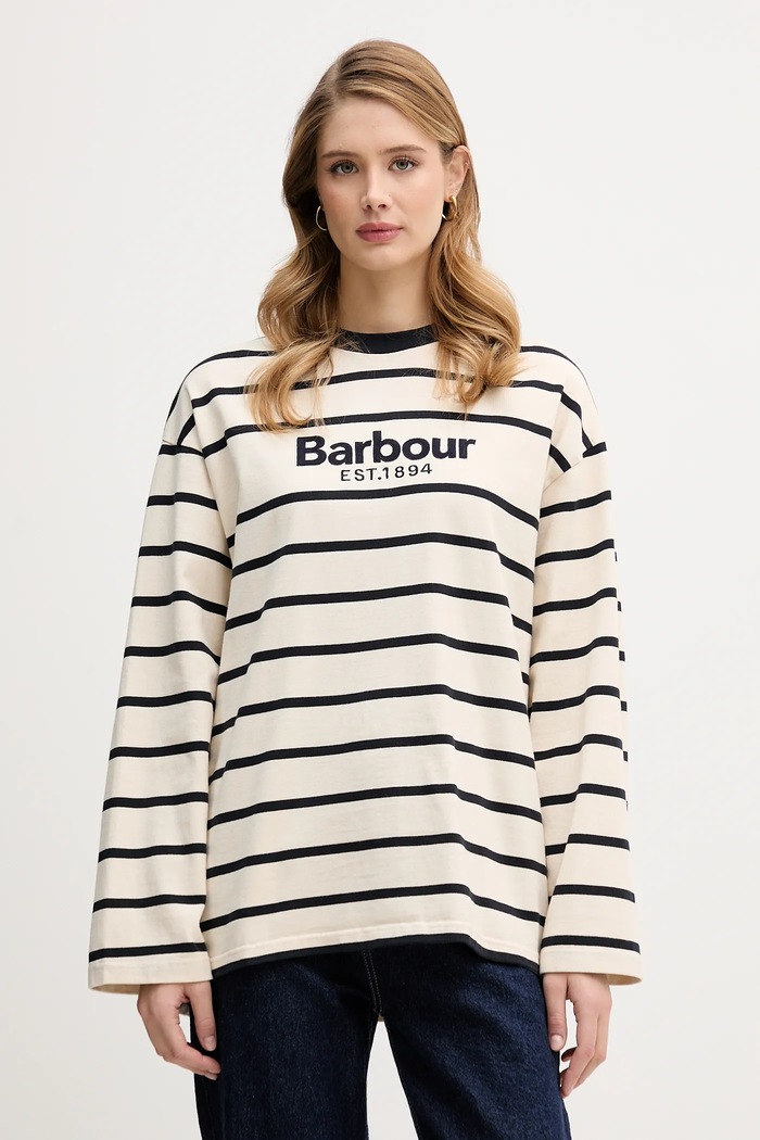 Bavlněné tričko s dlouhým rukávem Barbour Maeve pruhy béžová LML0911
