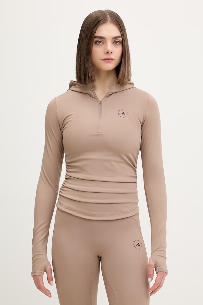 Pulover za vadbo adidas by Stella McCartney S kapuco bež KF4033