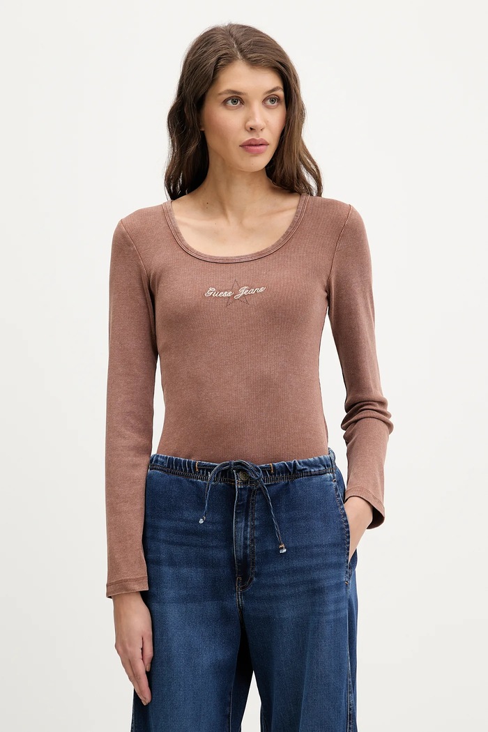 Guess Jeans hosszú ujjú elasztánnal barna W6RP24.KA0H1