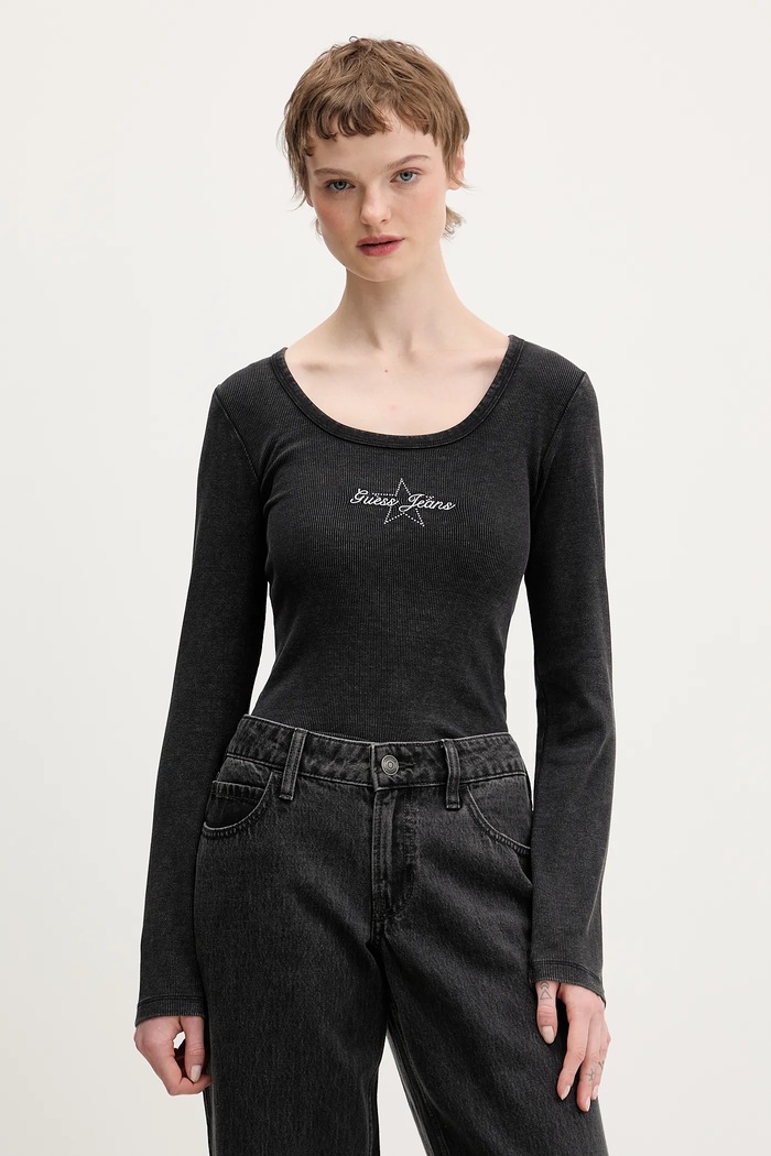 Guess Jeans hosszú ujjú elasztánnal fekete W6RP24.KA0H1