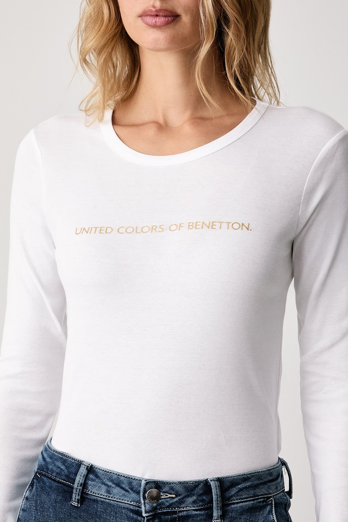 Maglietta a maniche lunghe da donna in cotone United Colors of Benetton 3GA8E16G0 bianco