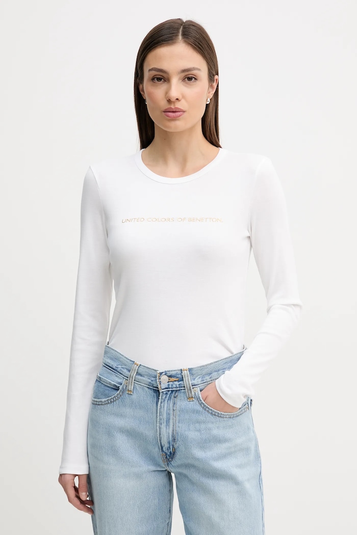 Хлопковый лонгслив United Colors of Benetton гладкий белый 3GA8E16G0