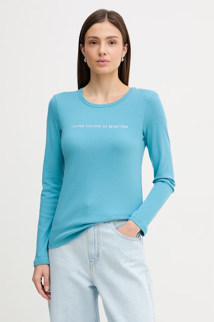 Bavlněné tričko s dlouhým rukávem United Colors of Benetton hladký modrá 3GA8E16G0