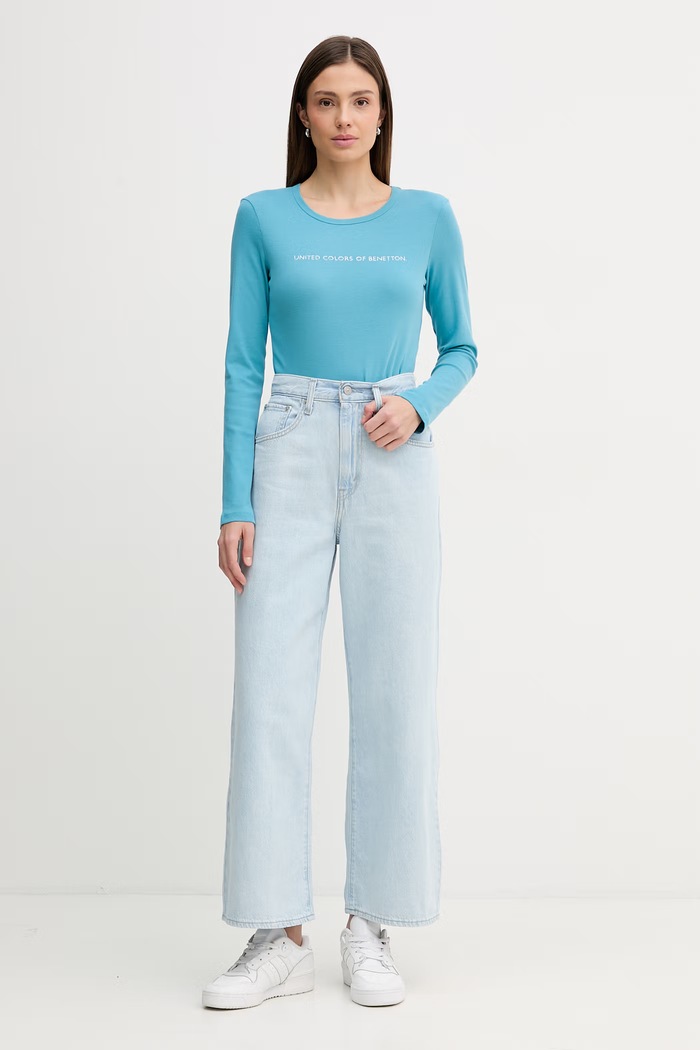 Bavlněné tričko s dlouhým rukávem United Colors of Benetton 3GA8E16G0 modrá SS26