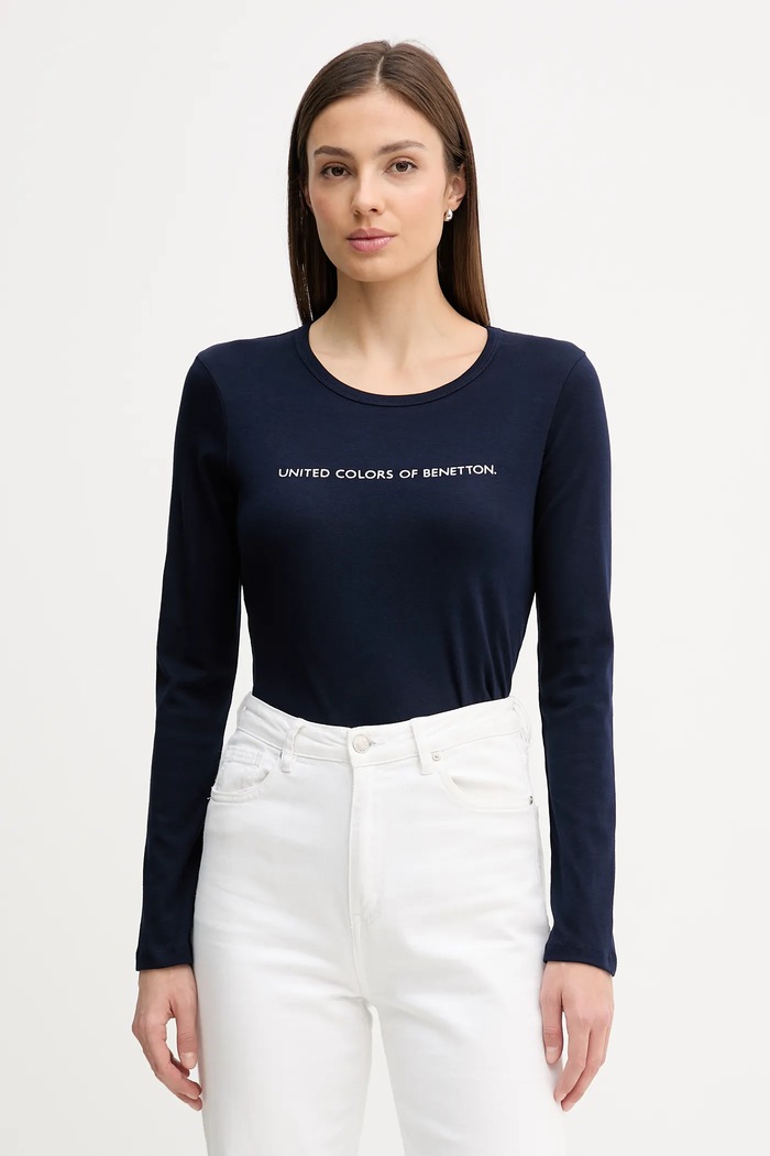 Бавовняний лонгслів United Colors of Benetton гладкий темно-синій 3GA8E16G0