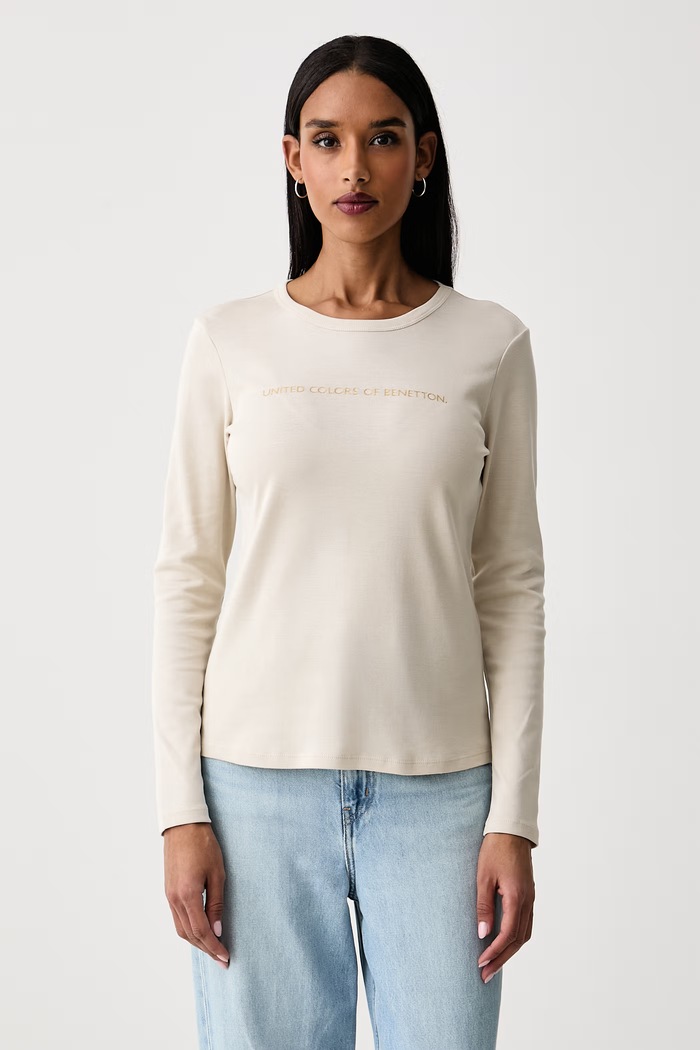 United Colors of Benetton Longsleeve damski bawełniany beżowy 3GA8E16G0