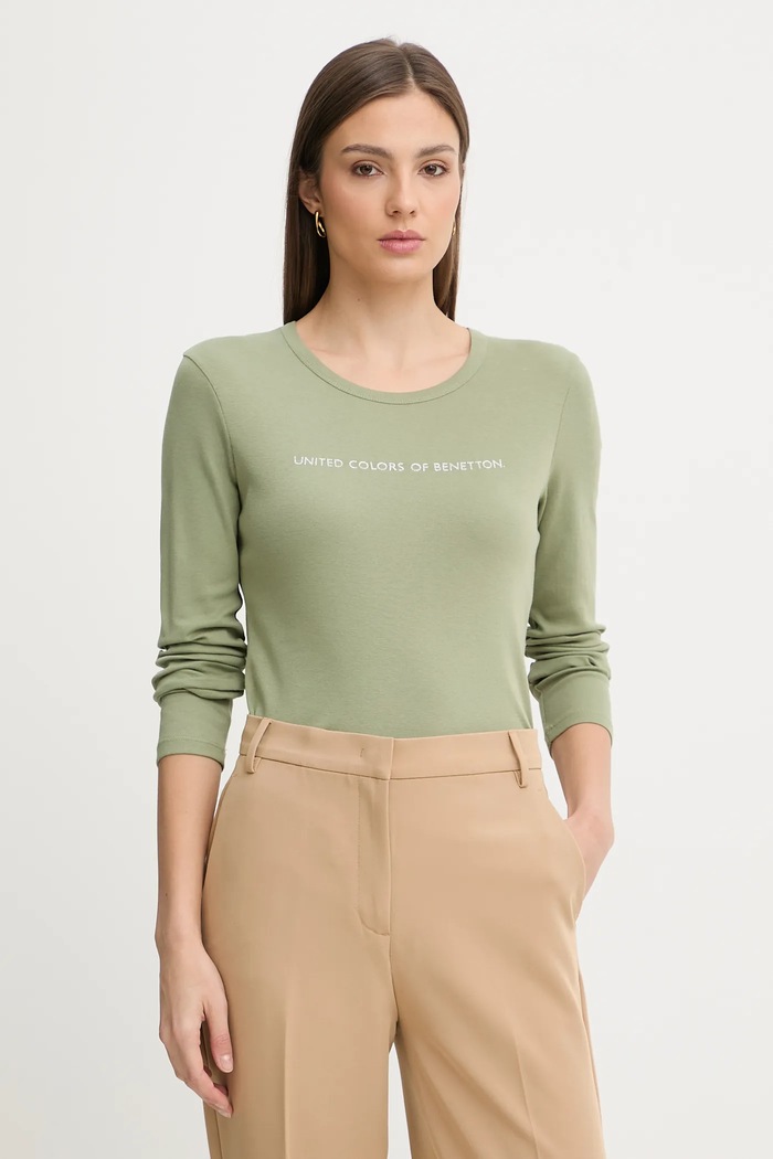 Bavlněné tričko s dlouhým rukávem United Colors of Benetton hladký zelená 3GA8E16G0