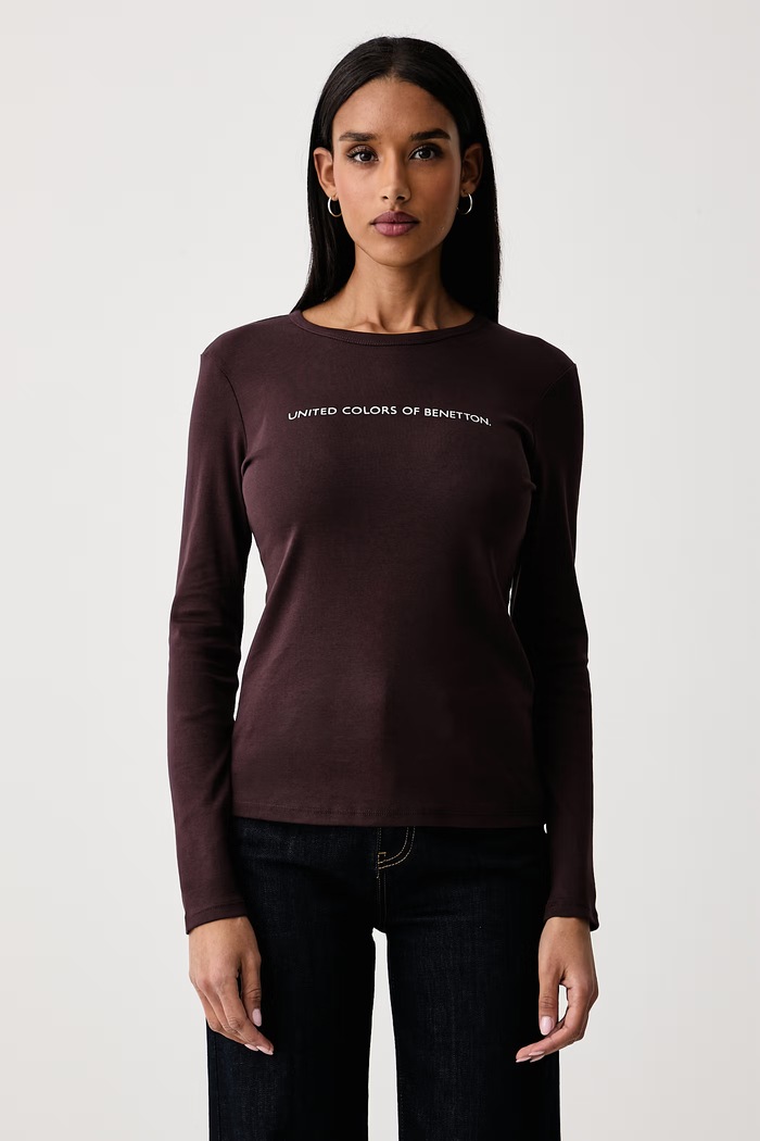 United Colors of Benetton Блуза с дълги ръкави дамска от памук кафяв 3GA8E16G0