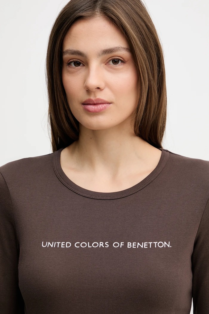 Bavlněné tričko s dlouhým rukávem United Colors of Benetton hnědá 3GA8E16G0