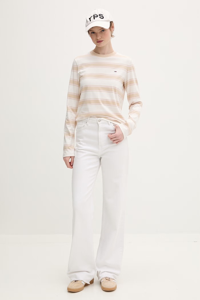 Tommy Jeans Tričko s dlhým rukávom dámske bavlnené DW0DW21835 béžová SS26