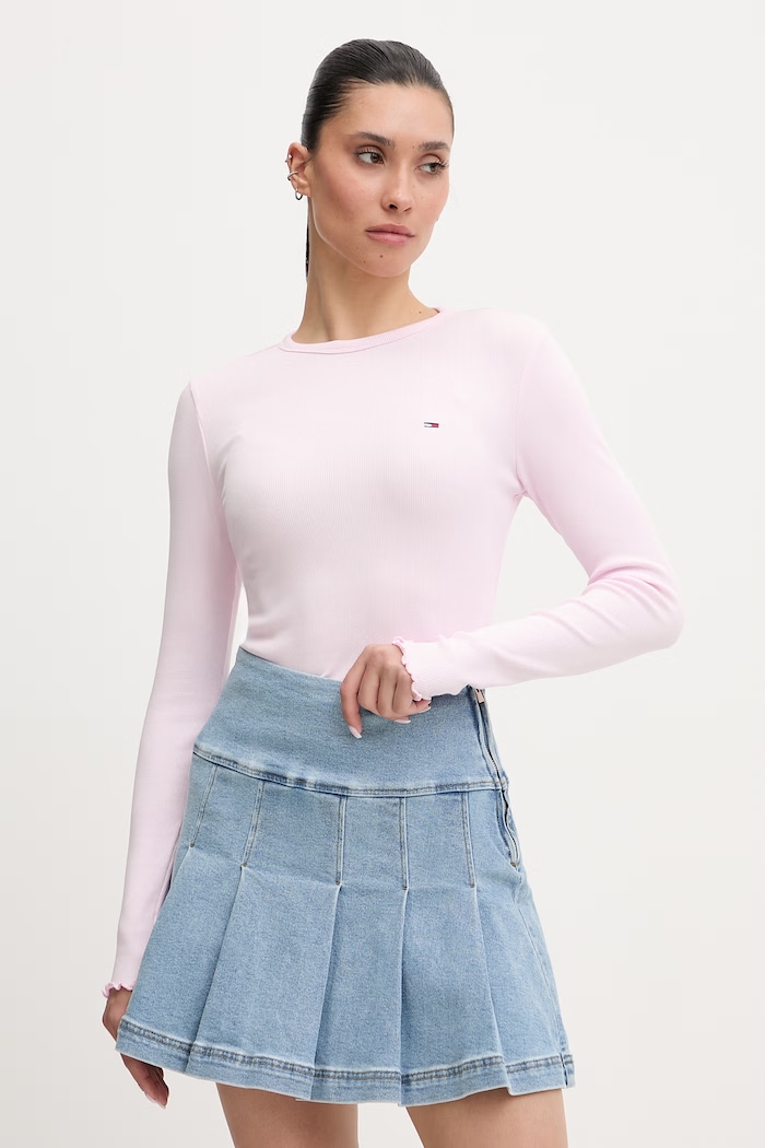 Tommy Jeans longsleeve pentru femei din bumbac cu elastan roz DW0DW22783