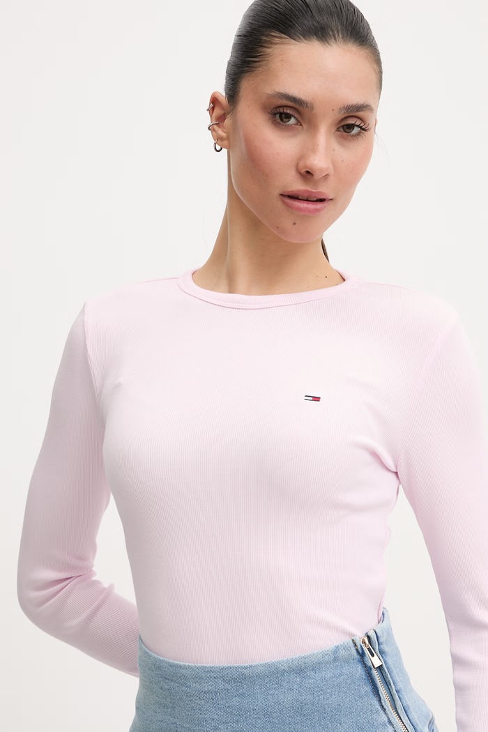 Tommy Jeans longsleeve pentru femei din bumbac cu elastan roz DW0DW22783