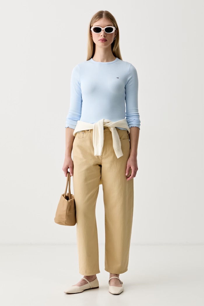 Tommy Jeans tričko s dlhým rukávom dámske bavlnené s elastanom DW0DW22783 modrá SS26