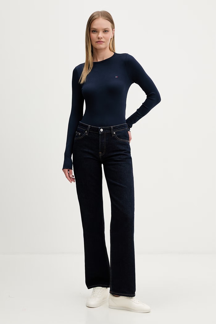 Tommy Jeans longsleeve pentru femei din bumbac cu elastan DW0DW22783 bleumarin SS26