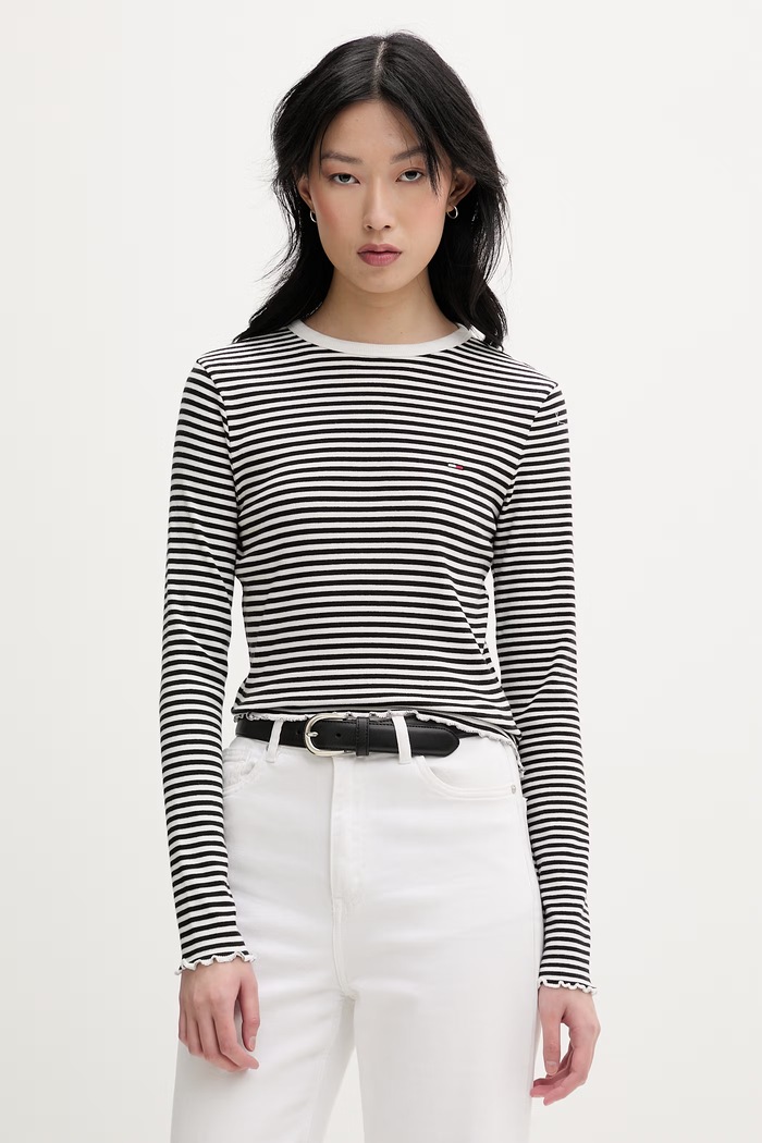 Tommy Jeans блуза с дълги ръкави дамска от памук с еластан черен DW0DW22783