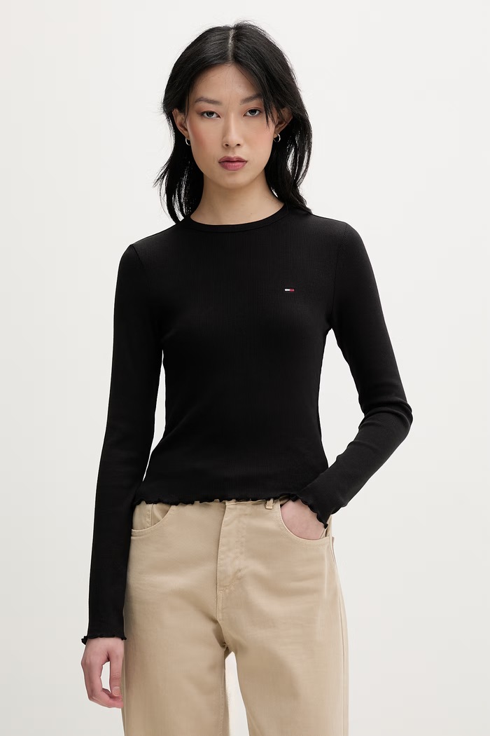 Tommy Jeans majica z dolgimi rokavi ženska bombažna z elastanom črna DW0DW22783