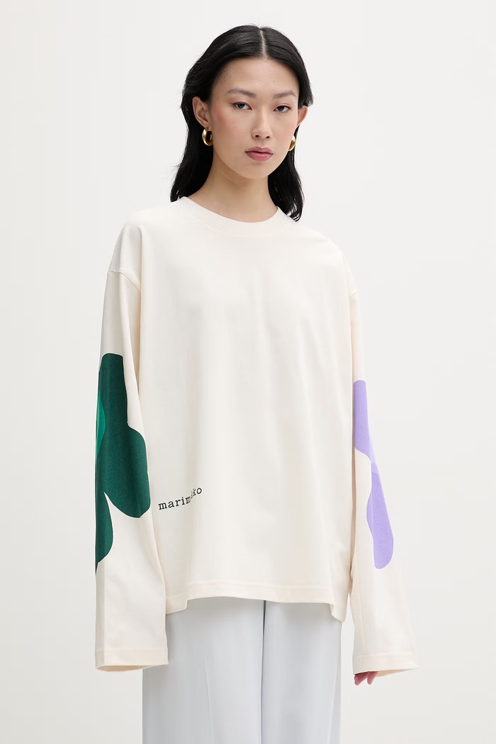 Marimekko majica z dolgimi rokavi ženska bombažna bež 095474
