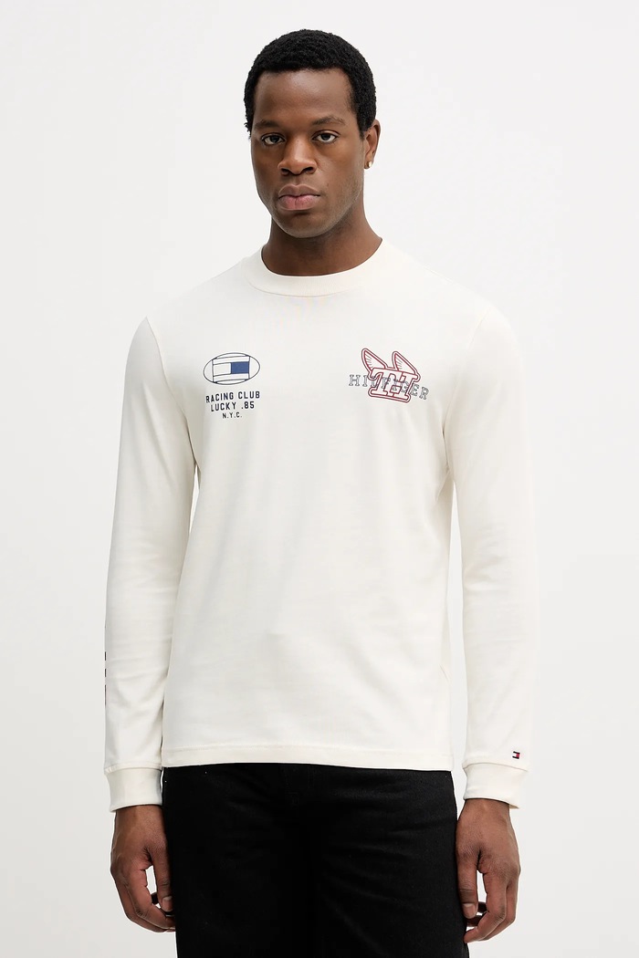 Bavlnené tričko s dlhým rukávom Tommy Hilfiger potlač béžová MW0MW41467