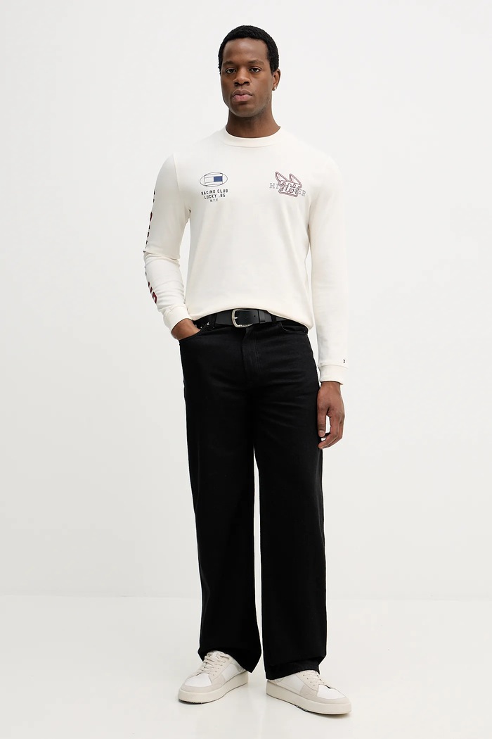 Bavlnené tričko s dlhým rukávom Tommy Hilfiger MW0MW41467 béžová SS26