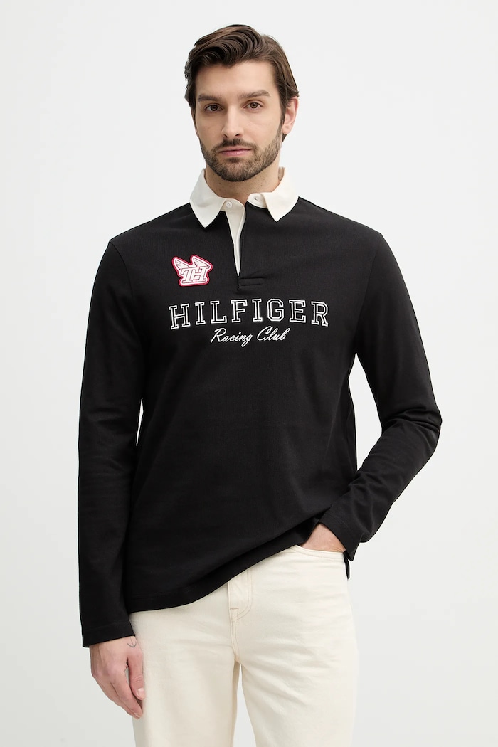 Βαμβακερή μπλούζα με μακριά μανίκια Tommy Hilfiger απλικέ μαύρο MW0MW42615