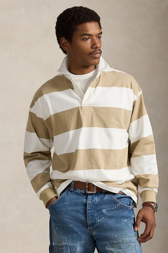 Βαμβακερή μπλούζα με μακριά μανίκια Polo Ralph Lauren JERSEY-LSL-RUG χαλαρό μπεζ 710965471500