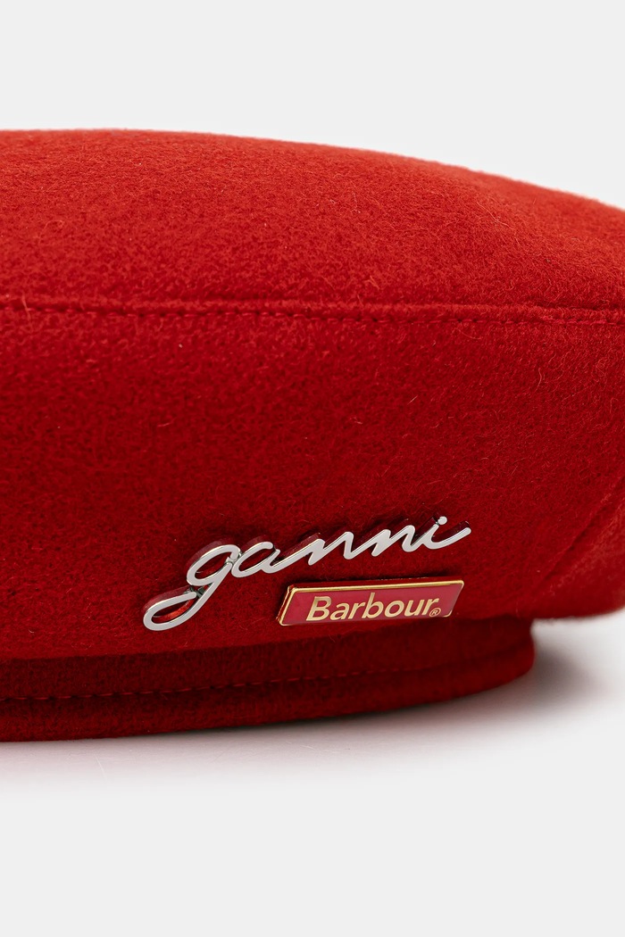 Barbour beret wełniany x Ganni Beret LHA0613RE51 czerwony SS26