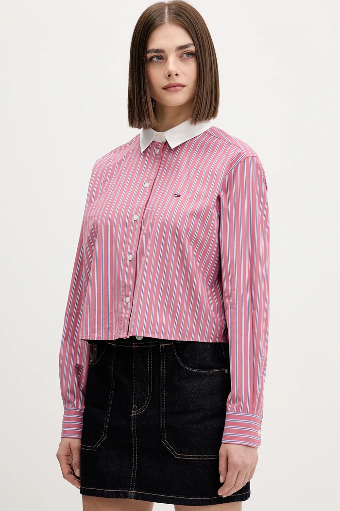 Bavlněná košile Tommy Jeans dlouhý růžová DW0DW22078