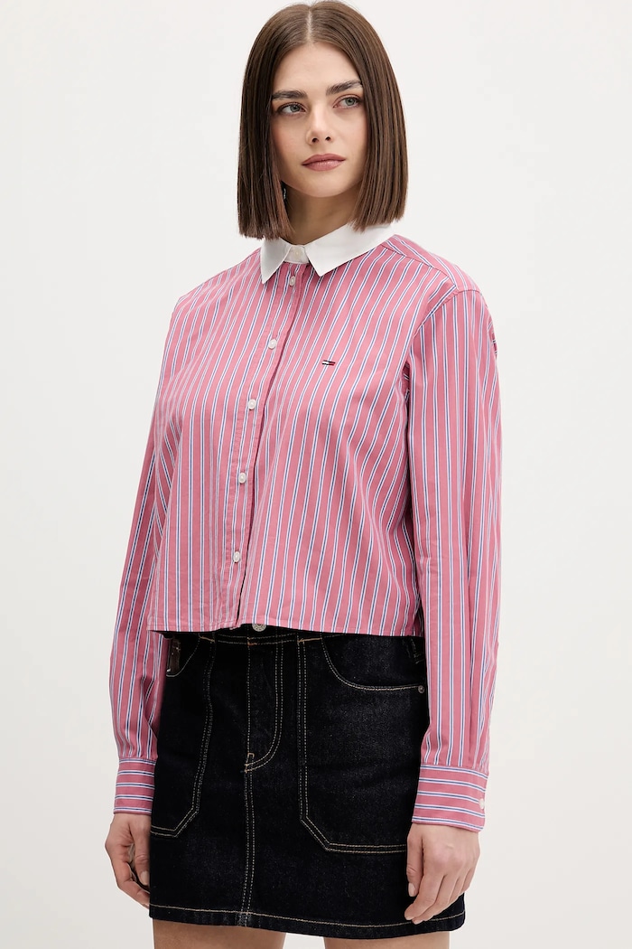 Bavlněná košile Tommy Jeans dlouhý růžová DW0DW22078