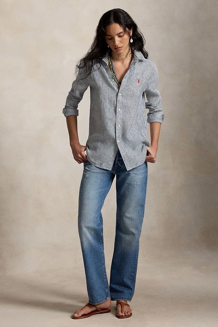 Ρούχα Polo Ralph Lauren πουκάμισο γυναικείο βαμβακερό 211A96158 σκούρο μπλε