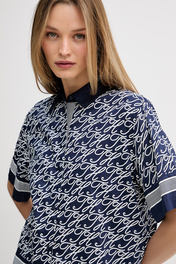 Tommy Hilfiger košeľa dámska s hodvábom SUMMER tmavomodrá WW0WW49547