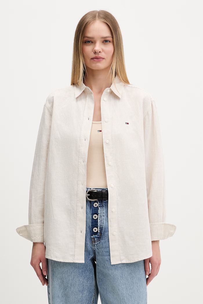 Tommy Jeans πουκάμισο γυναικείο με λινό μπεζ DW0DW22209