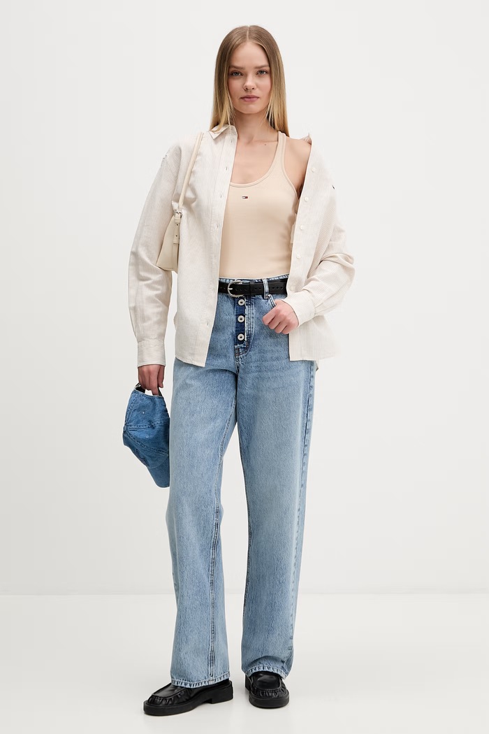 Tommy Jeans πουκάμισο γυναικείο με λινό DW0DW22209 μπεζ SS26