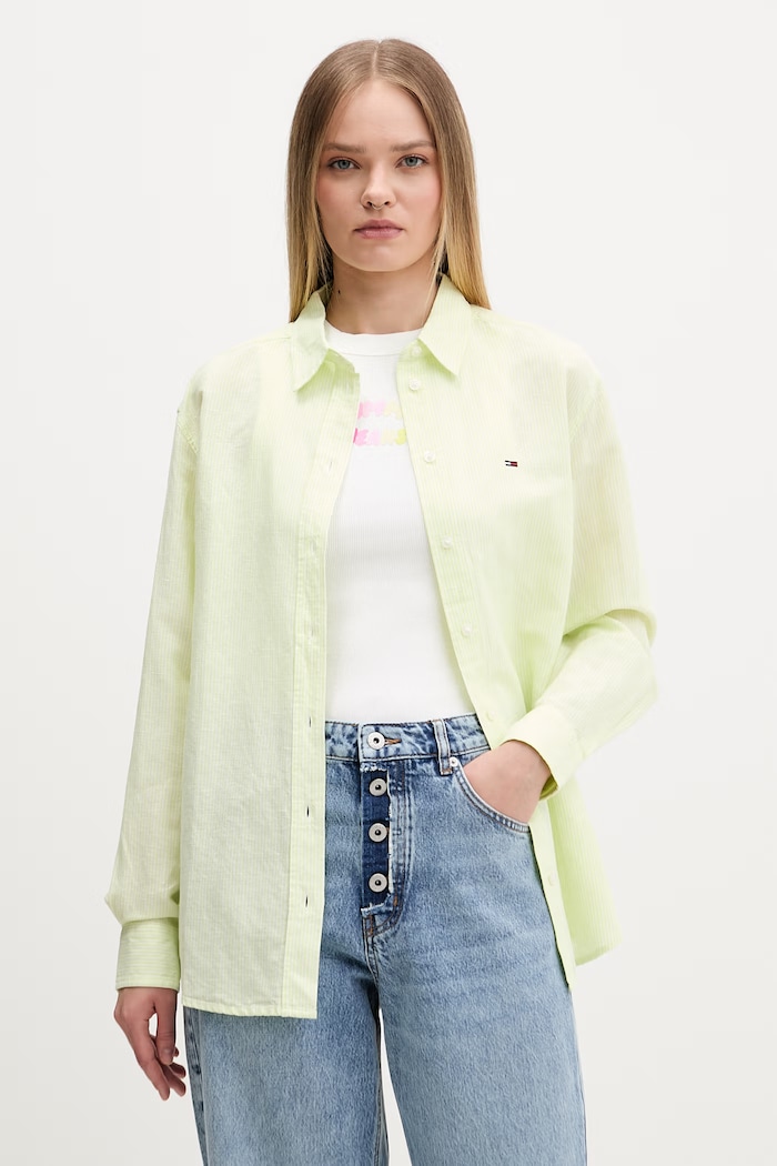 Tommy Jeans koszula damska z lnem zielony DW0DW22209