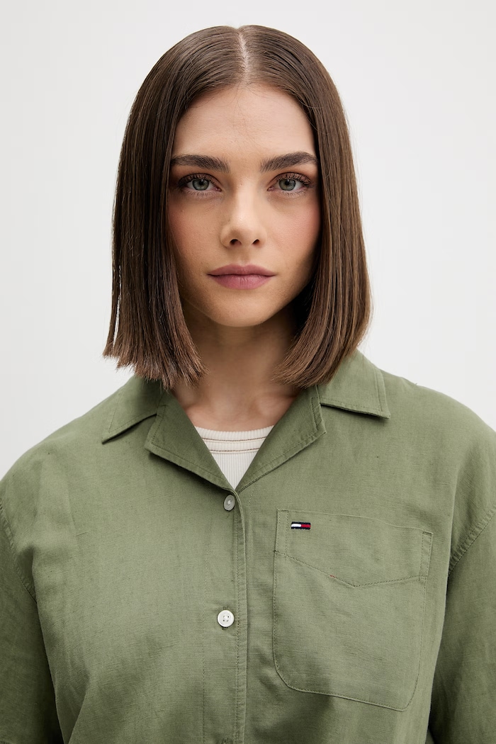 Tommy Jeans koszula damska z lnem zielony DW0DW22210