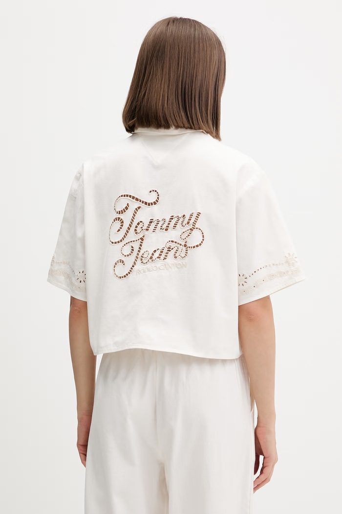 Tommy Jeans риза дамска с добавен лен бежов DW0DW22214