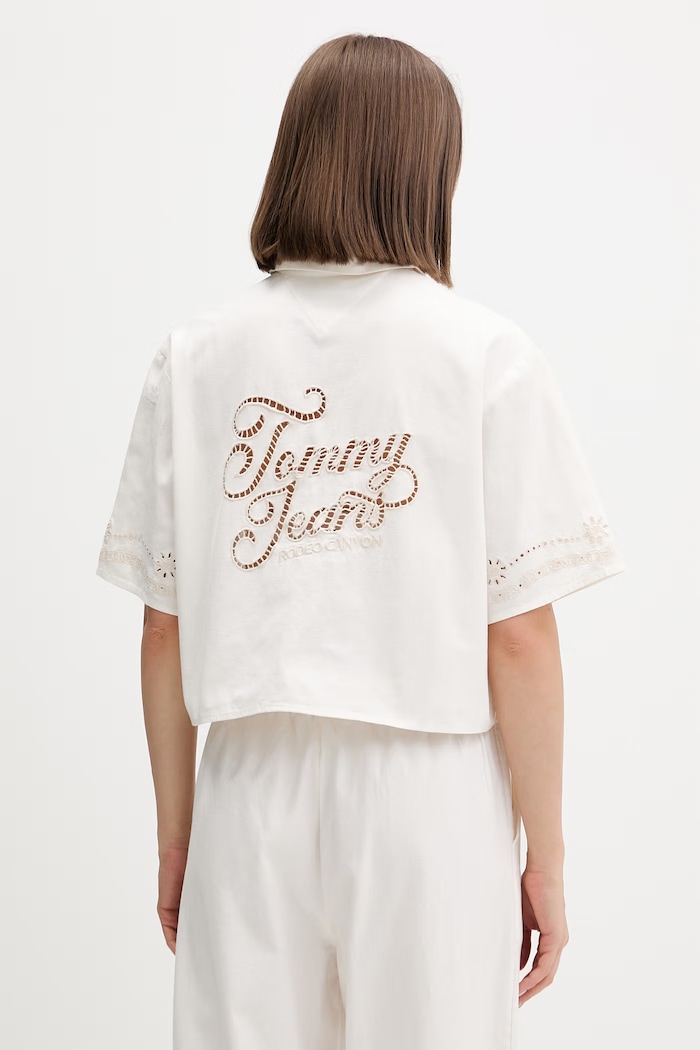 Tommy Jeans риза дамска с добавен лен бежов DW0DW22214