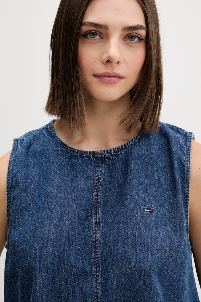 Tommy Jeans bluză cu bretele pentru femei, din denim albastru DW0DW22609