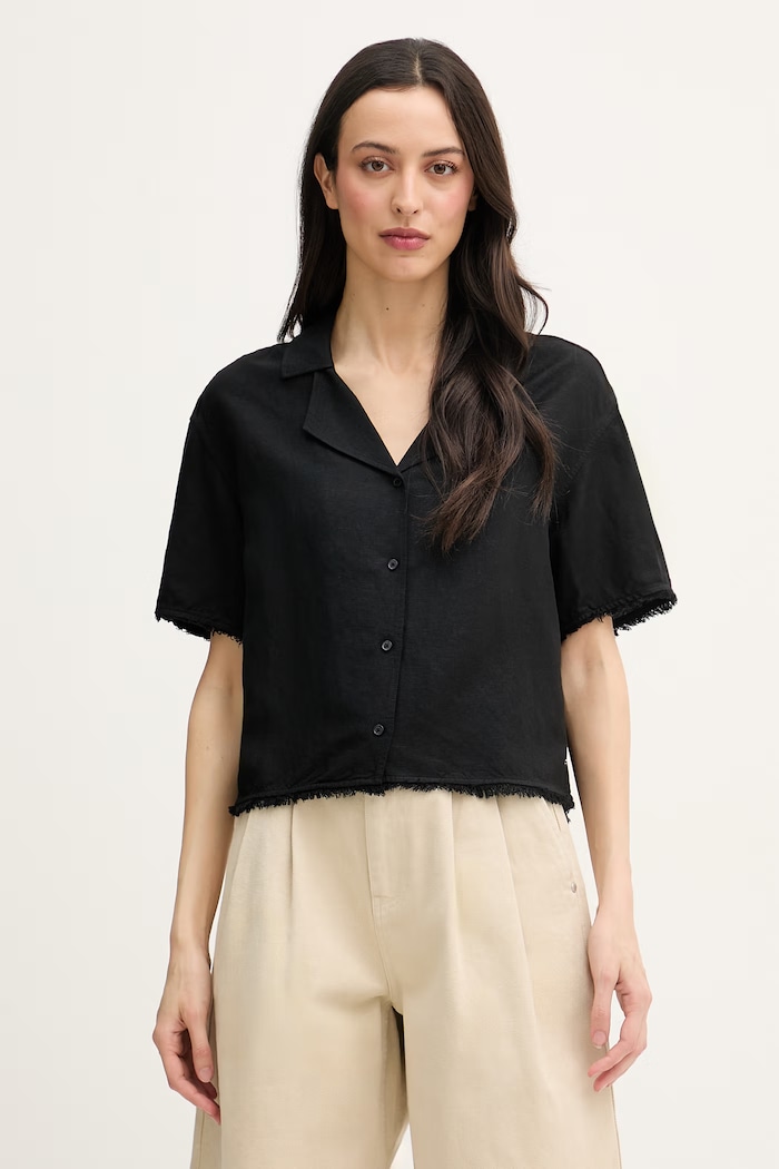 Tommy Hilfiger košeľa dámska s ľanom čierna WW0WW48924
