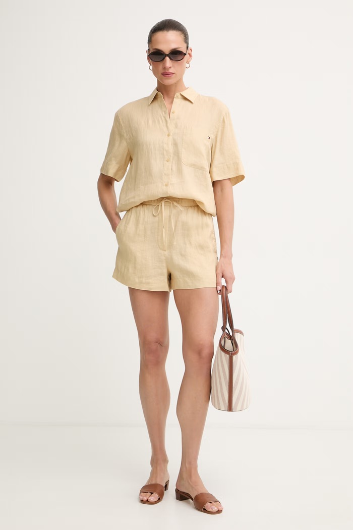 Tommy Hilfiger košeľa dámska ľanová WW0WW48925 béžová SS26