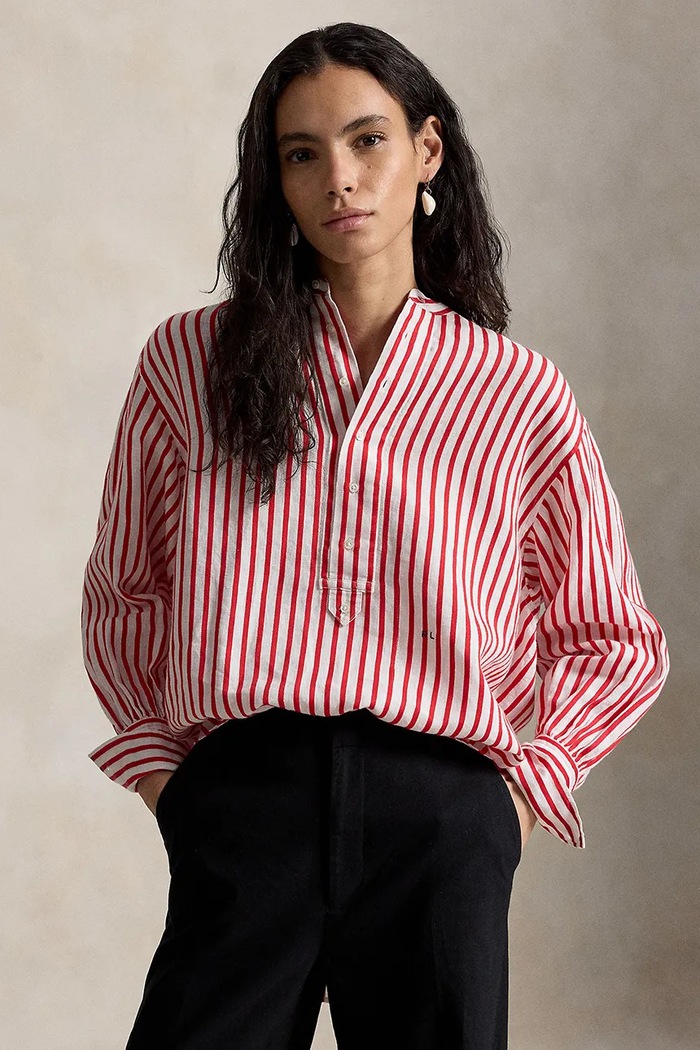 Polo Ralph Lauren košeľa dámska s ľanom červená 211A12790