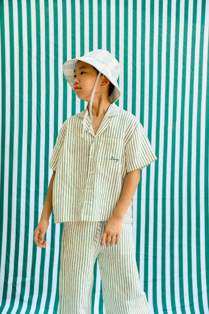 Детска риза с лен Tinycottons EMERALD STRIPES SHIRT къс бял SS26.243