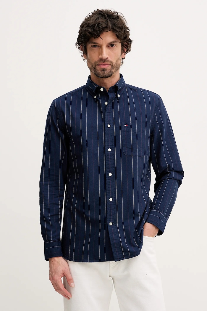 Bombažna srajca Tommy Hilfiger Vzorčasti mornarsko modra MW0MW41694