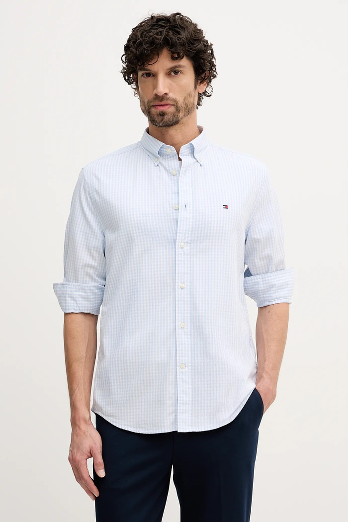 Bombažna srajca Tommy Hilfiger Dolg modra MW0MW41713