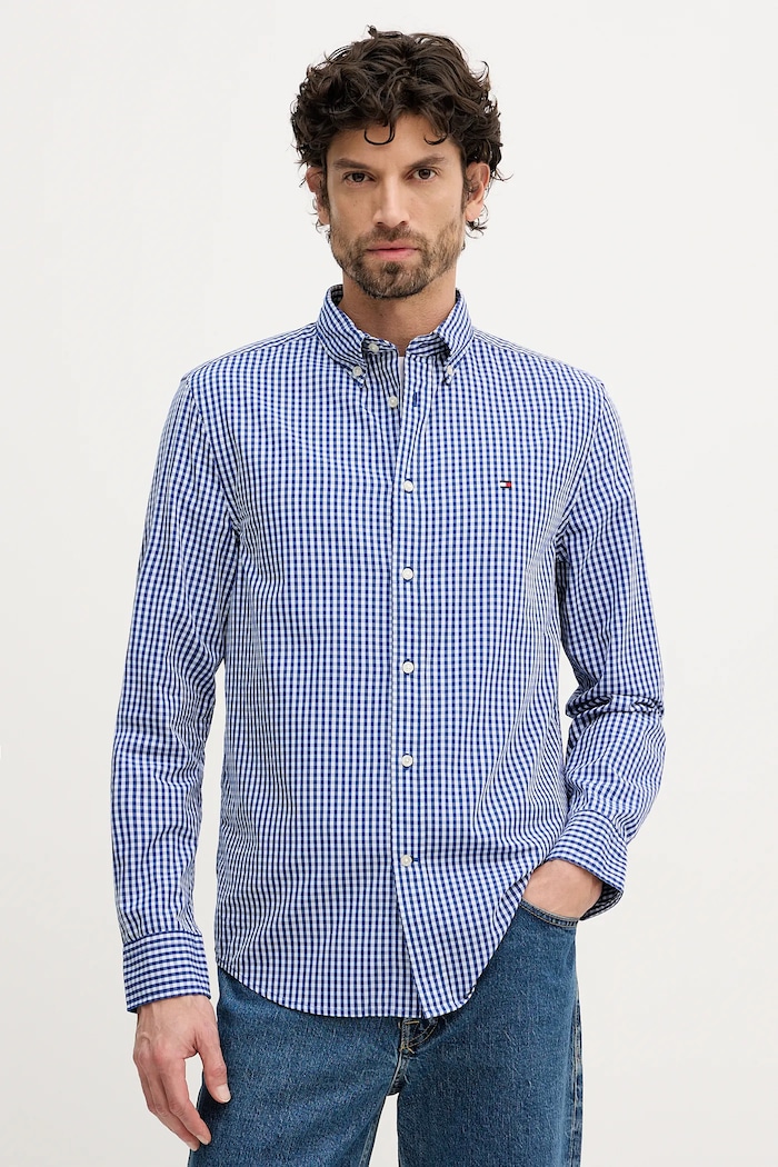 Bombažna srajca Tommy Hilfiger Dolg modra MW0MW41713